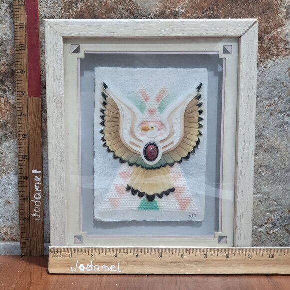 Framed Wall Art Southwest Tribal Eagle Oval Stone Matted Shadow Box Artist Signe - Picture 9 of 11